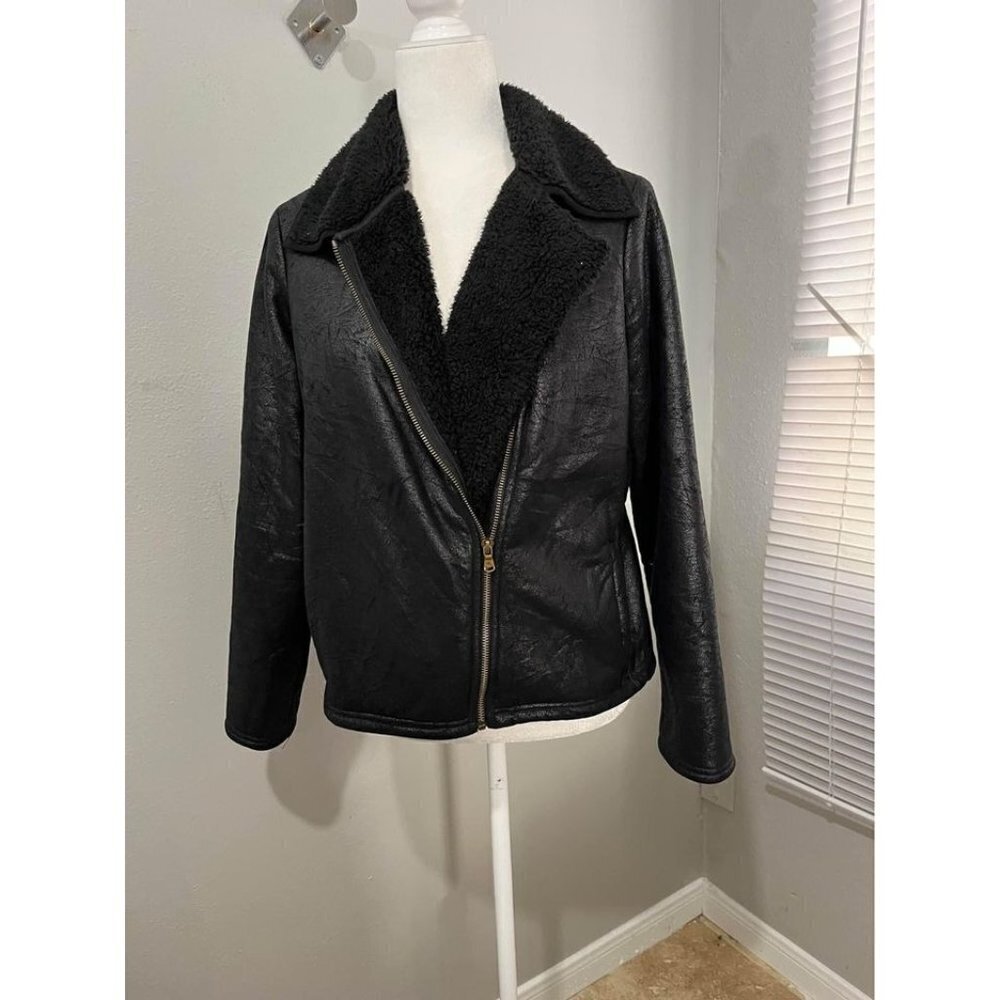 Lauren Ralph Lauren Coated Black Jacket Teddy Inside Size Petite Large